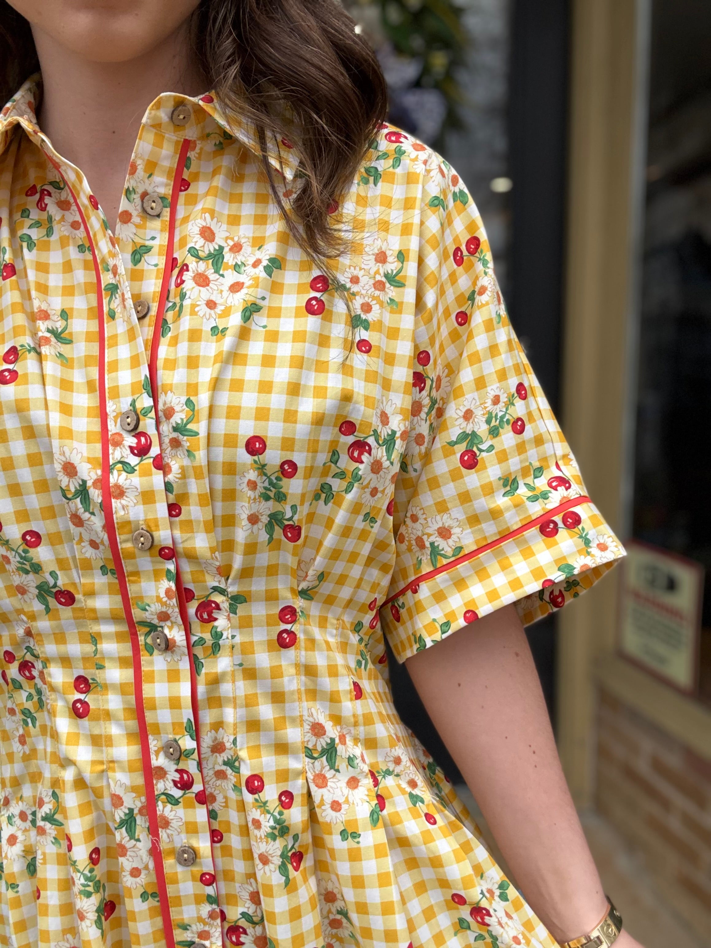 Yellow Cherry Gingham Dress