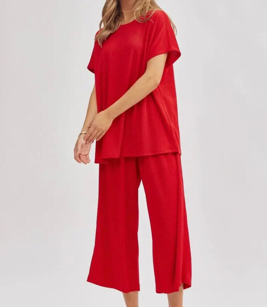 Red Solid Travel Set Pants