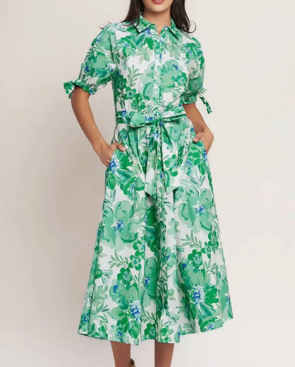Green/Ivory Printed Midi Dress