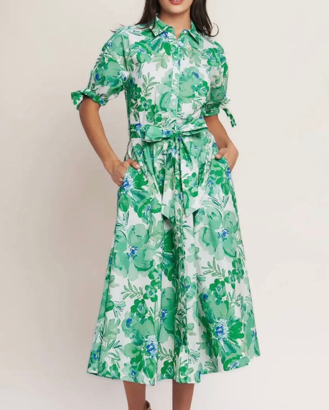 Green/Ivory Printed Midi Dress