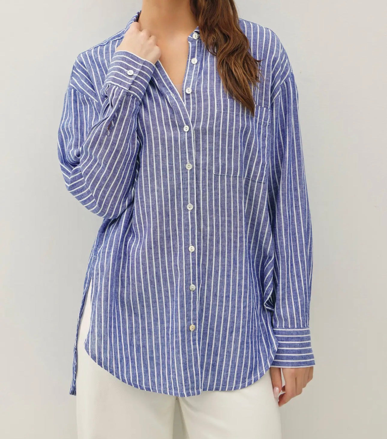 Stripe Denim Linen Button Up