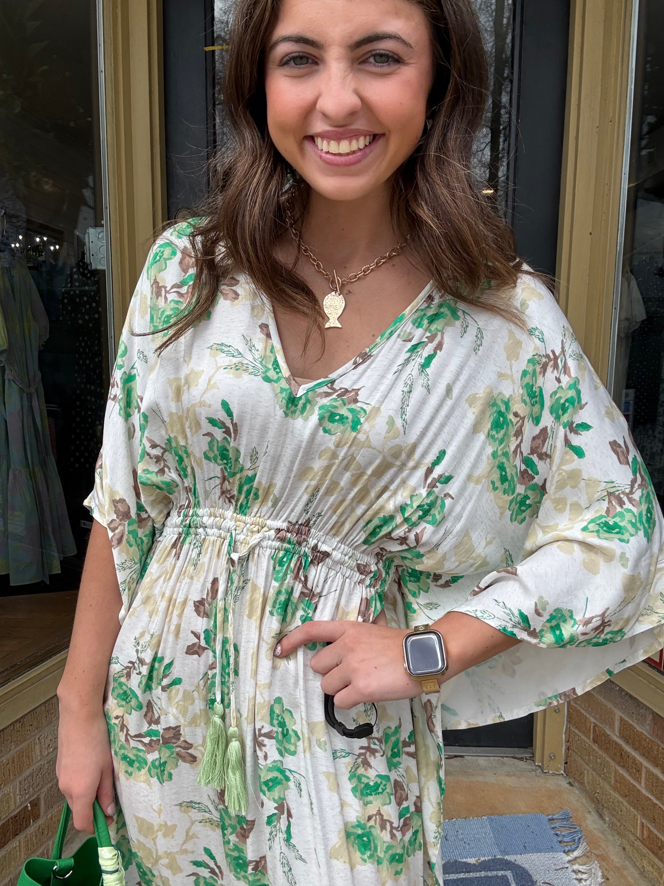 Green Floral Print Flowy Maxi Dress