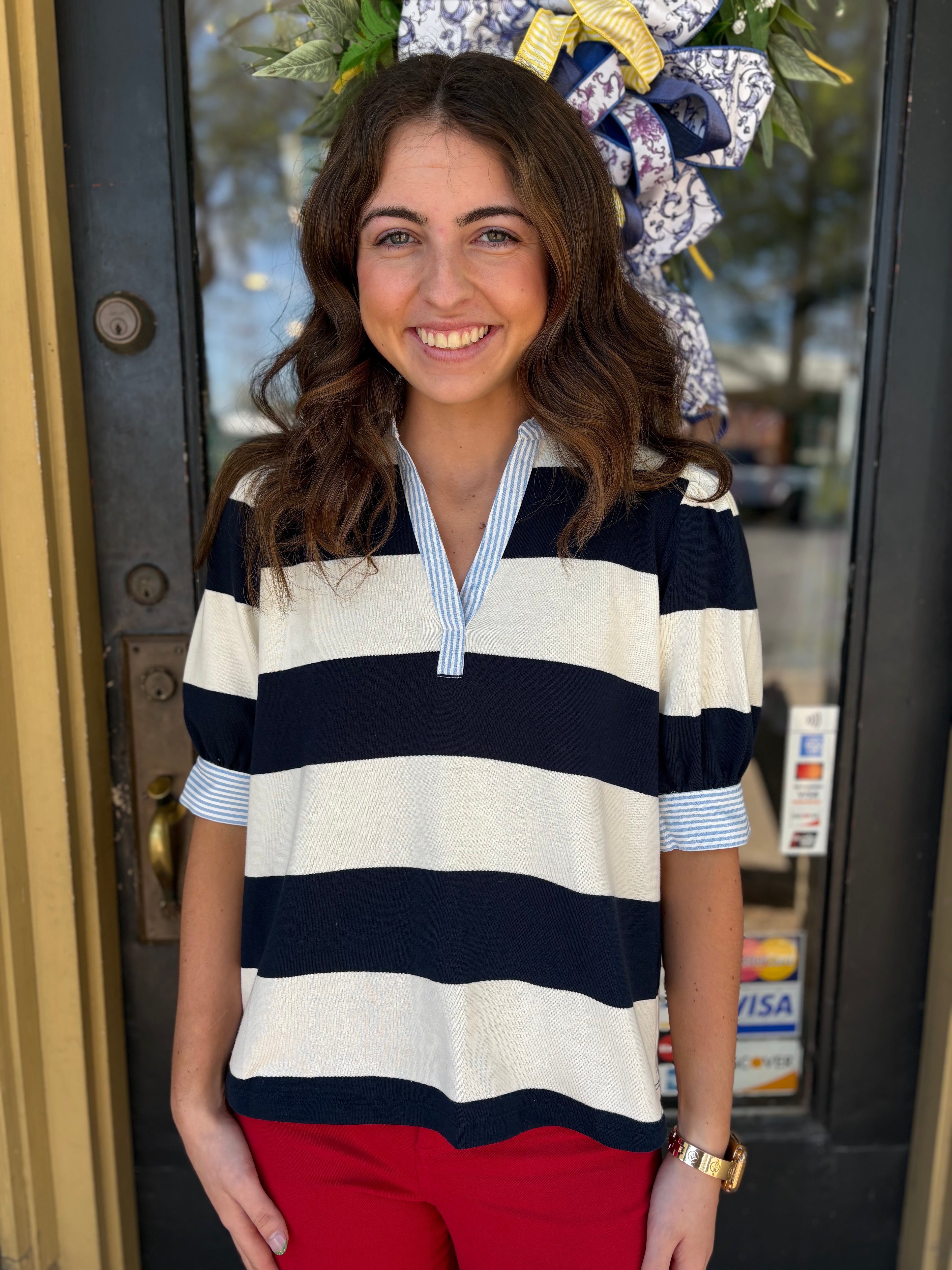 Navy Striped Rugby Polo Top