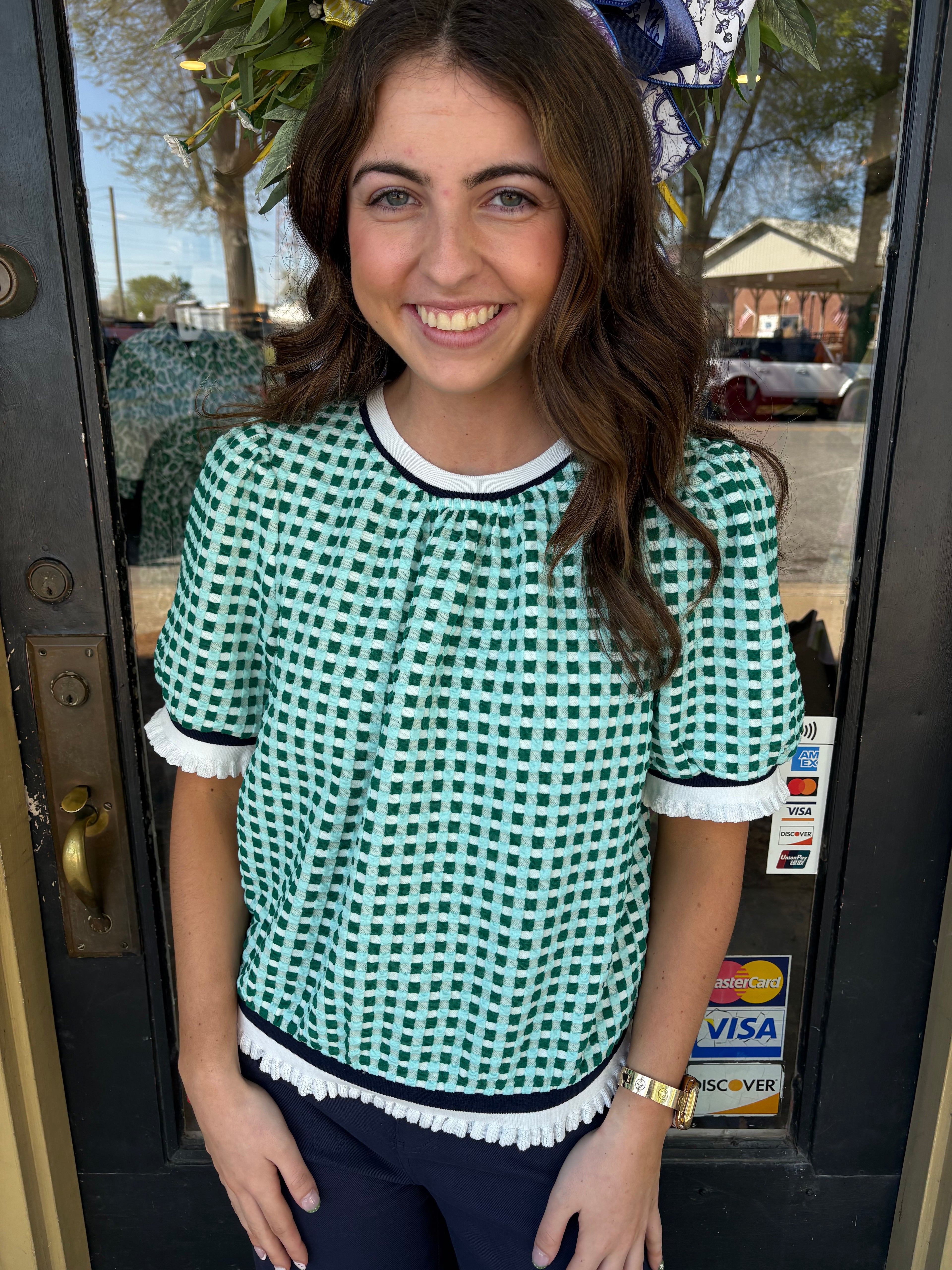 Green Contrast Gingham Knit Top
