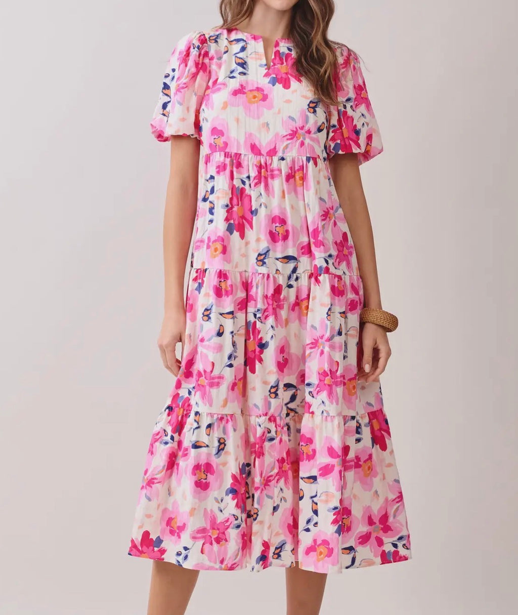 Pink Floral Pleated Midi Dress