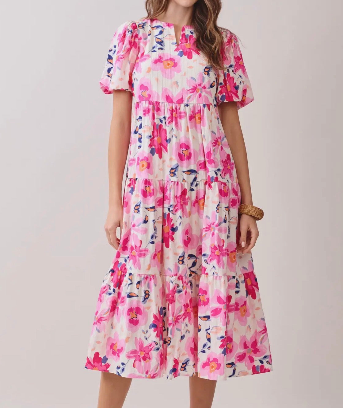 Pink Floral Pleated Midi Dress