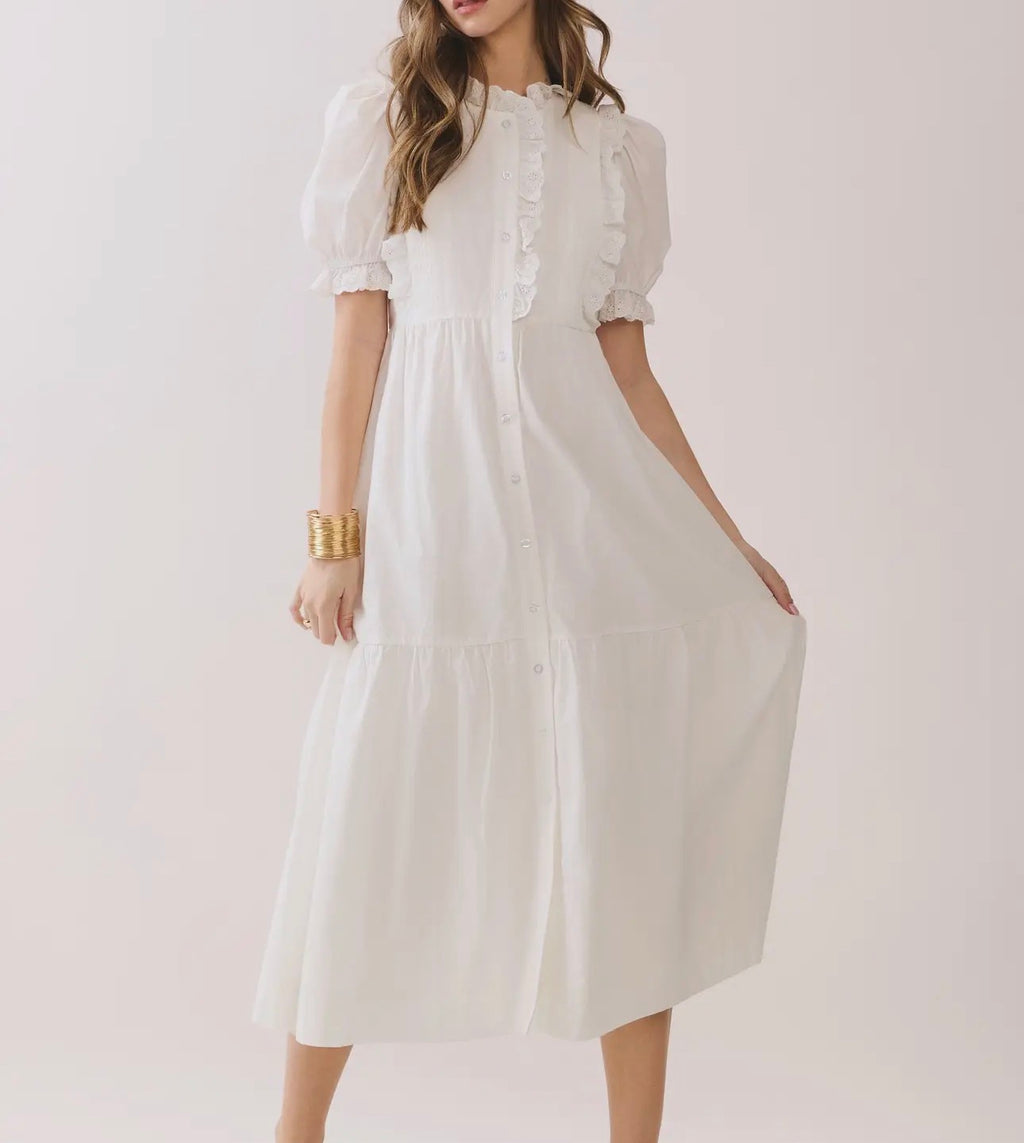 White Ruffle Tiered Midi Dress