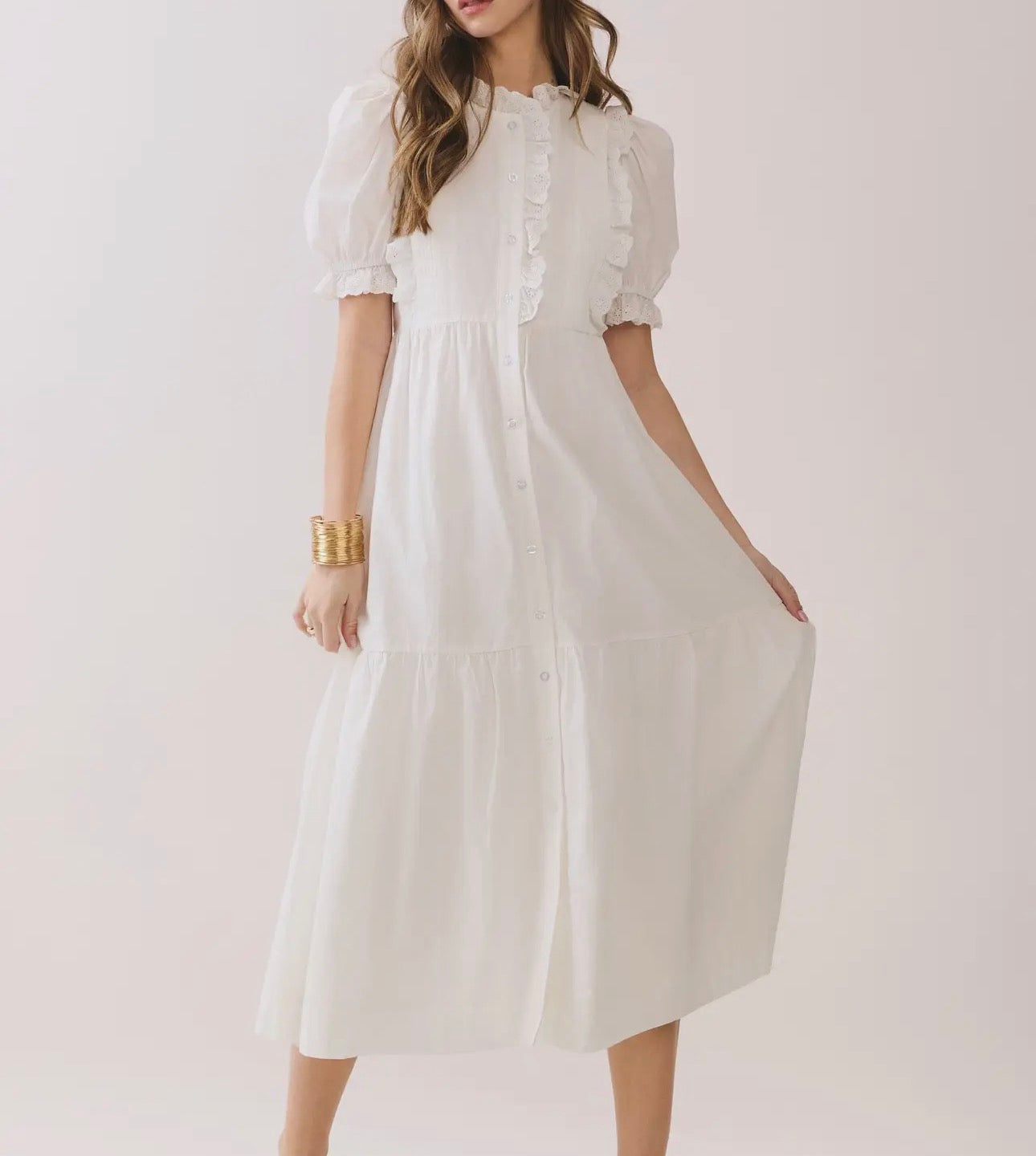 White Ruffle Tiered Midi Dress