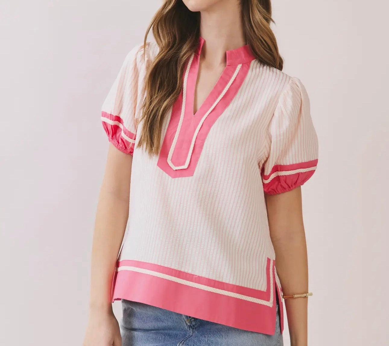 Pink Stripe Contrast Trim Top