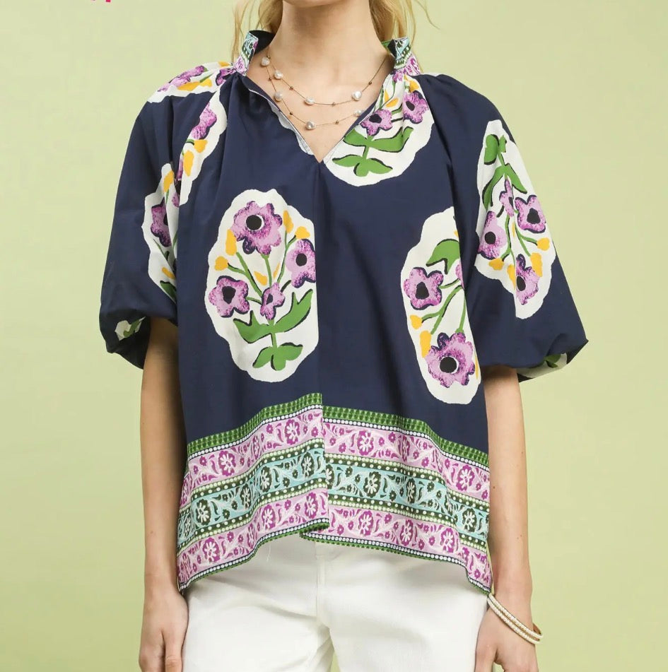 Navy Boho Floral Blouse