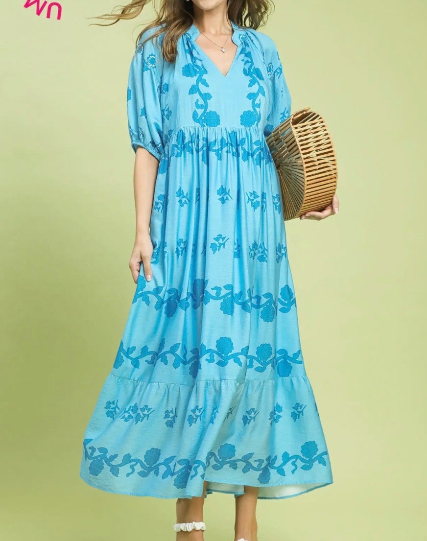 Aqua Vine Print Maxi Dress