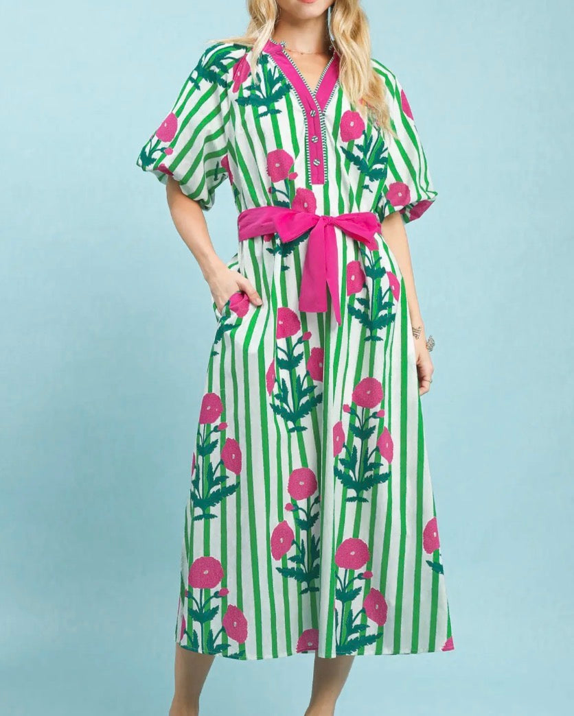 Green/Pink Mix Floral Dress