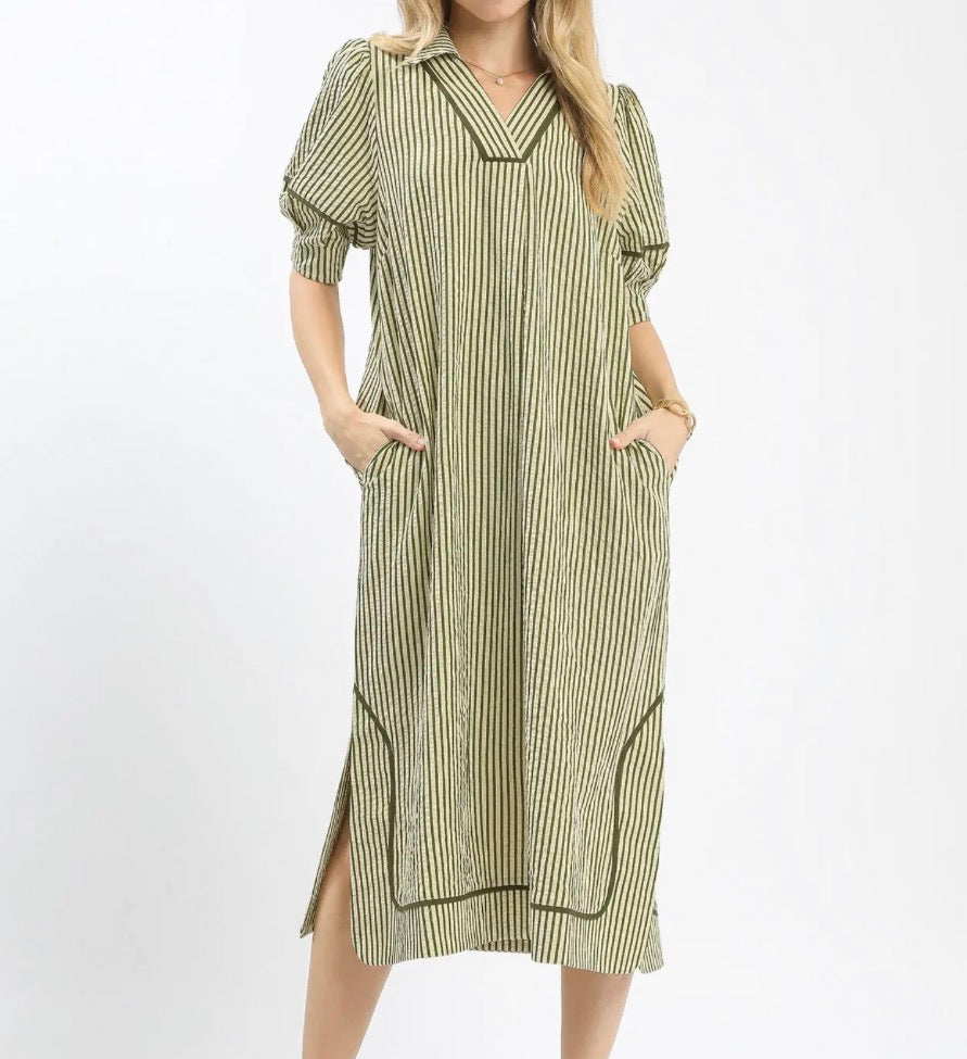 Light Olive Striped Midi Dress