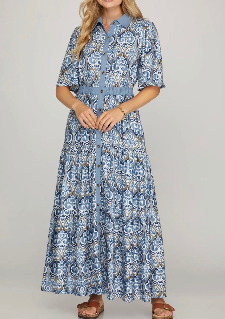 Blue Woven Bell Sleeve Maxi Dress