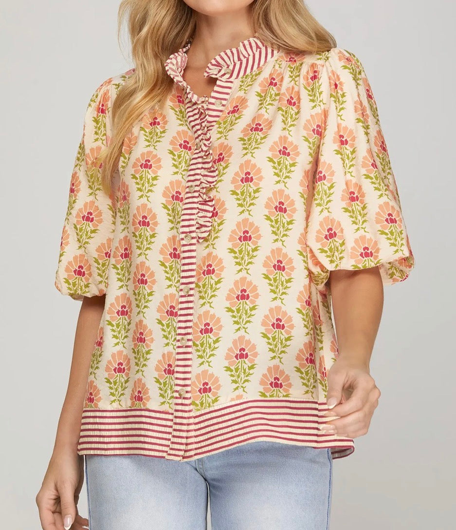 Pink Bubble Sleeve Printed Top