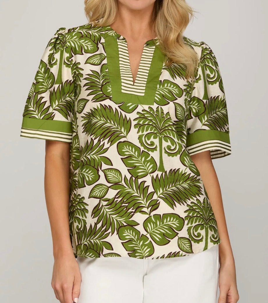 Green Leaf Print Woven Top