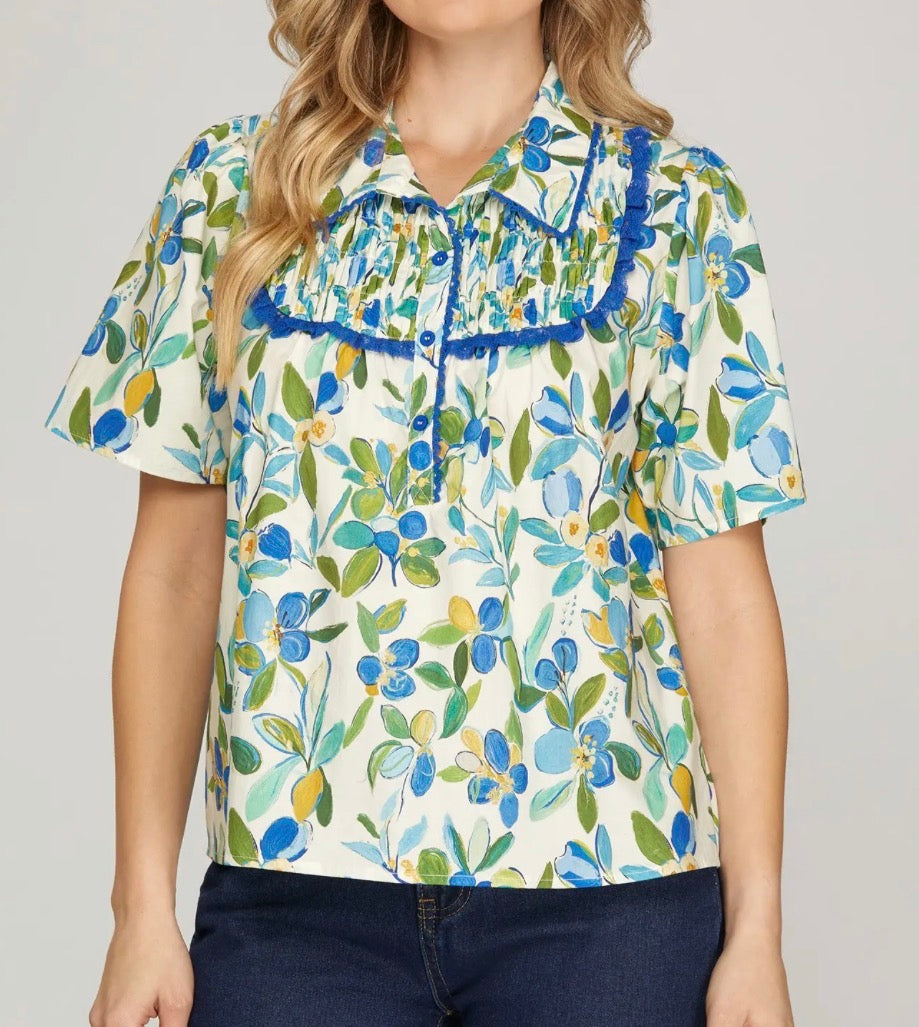 Blue Floral Half Placket Top