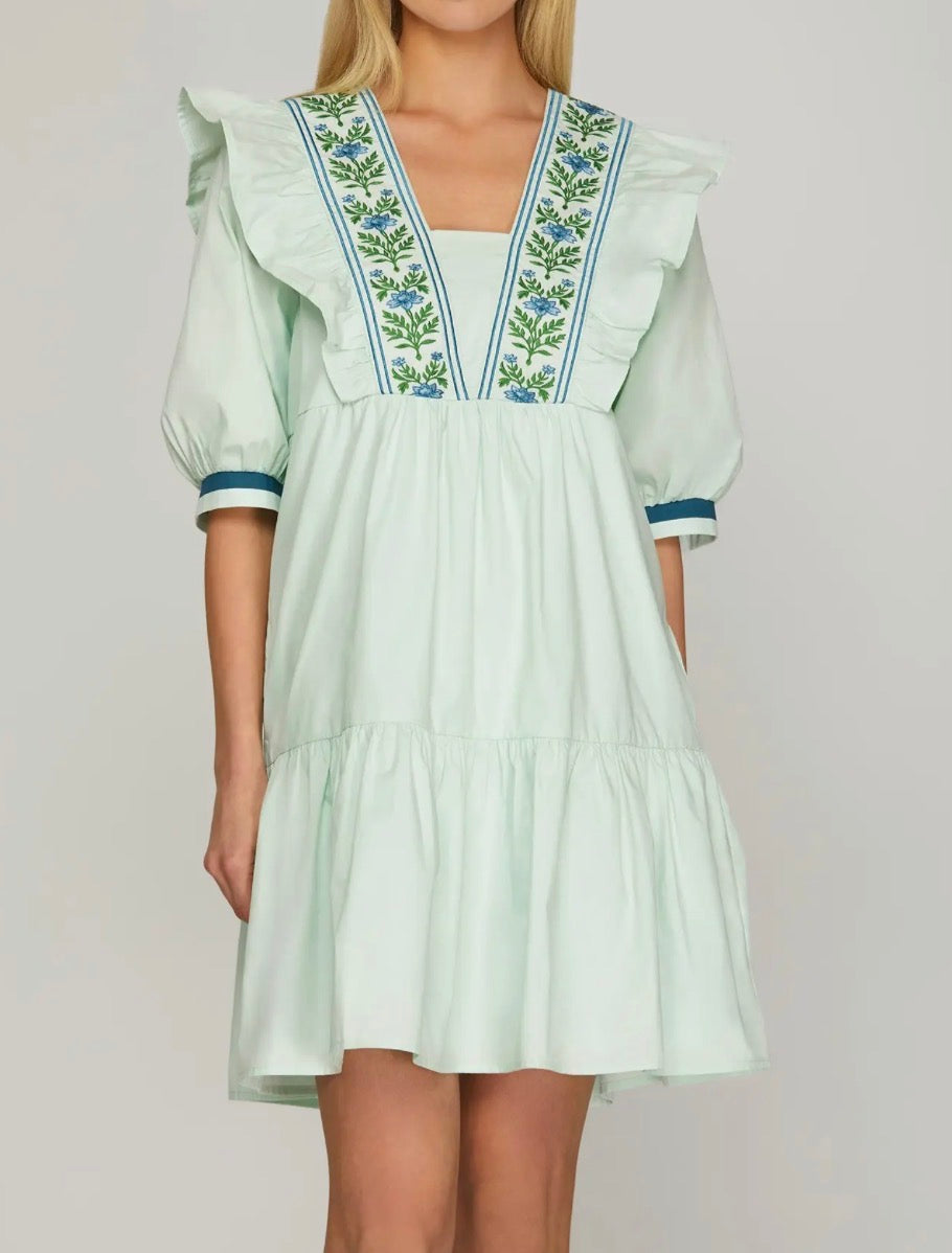 Mint Embroidered Ruffle Detail Dress