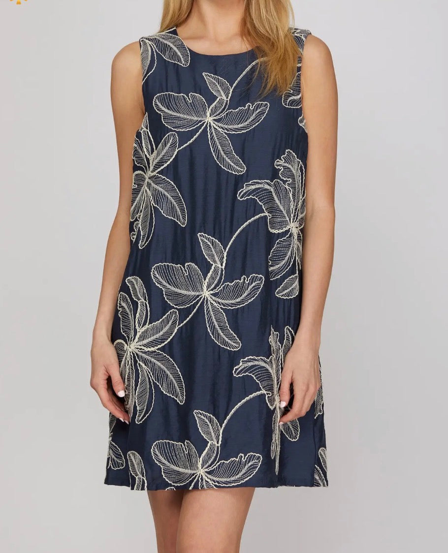 Navy Embroidered Floral Sleeveless Dress