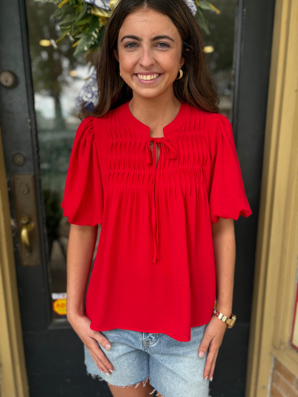 Red Pintuck Woven Top