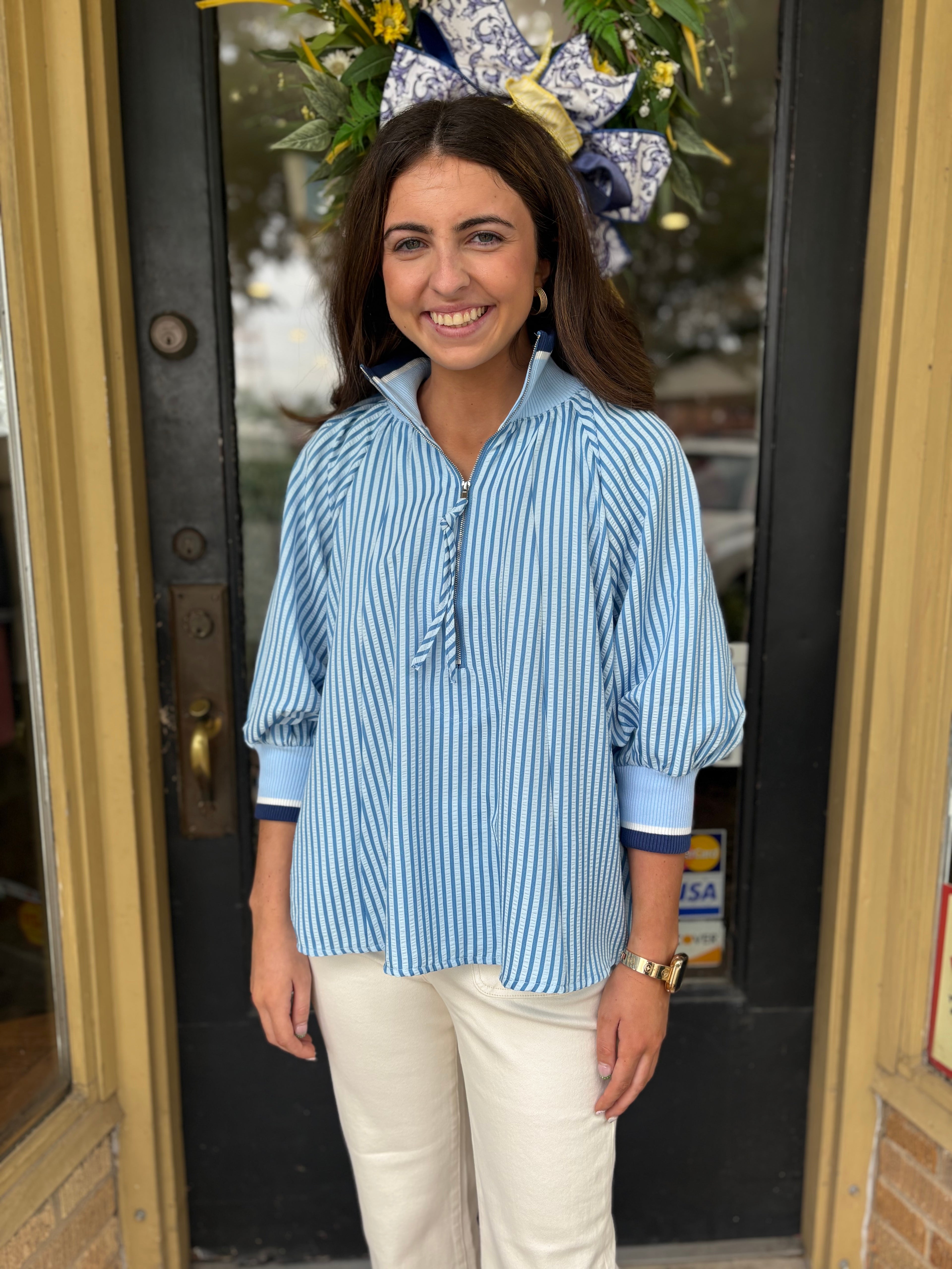 Blue Stripe Half Zip Striped Top