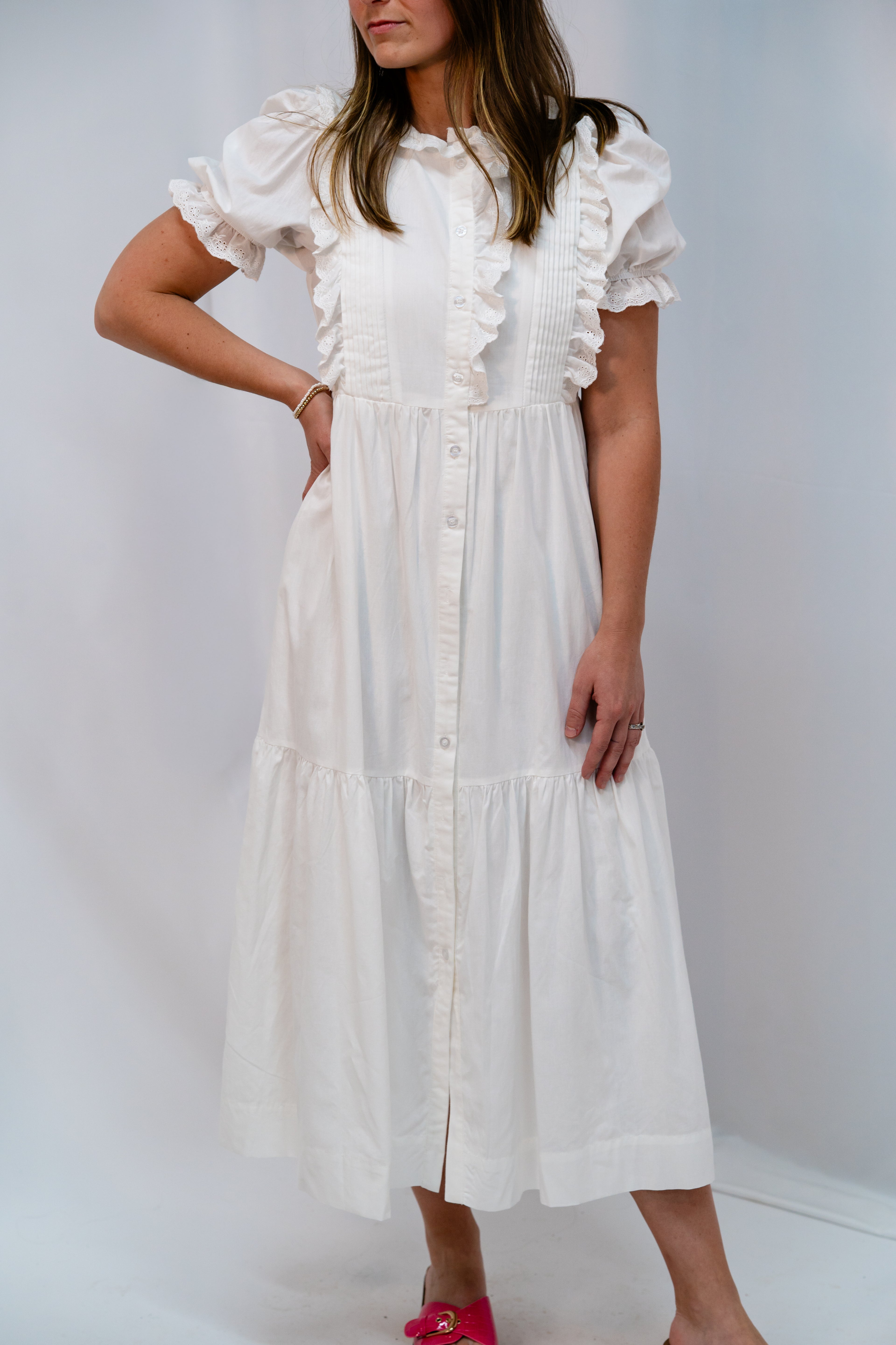White Ruffle Tiered Midi Dress