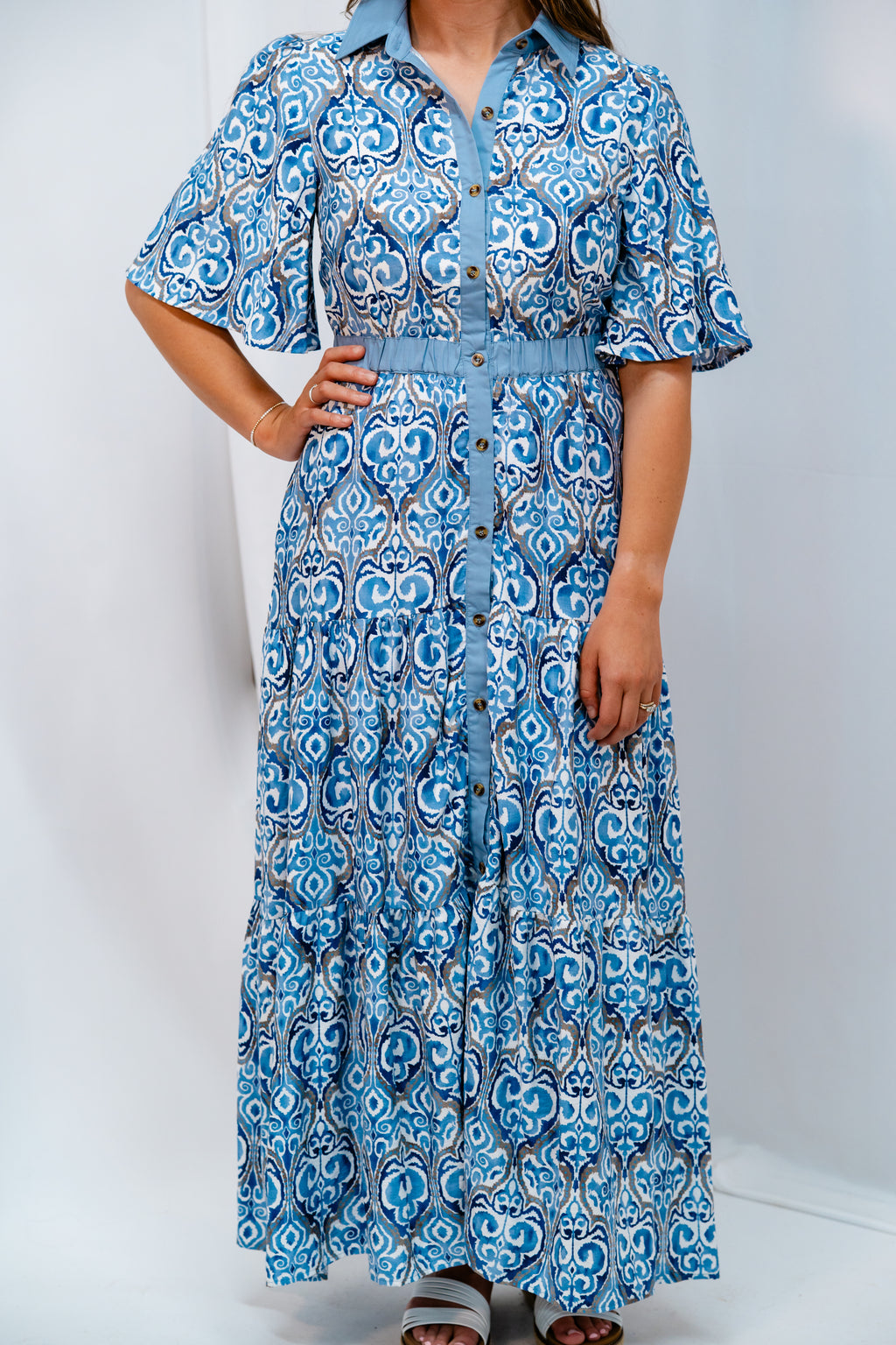 Blue Woven Bell Sleeve Maxi Dress