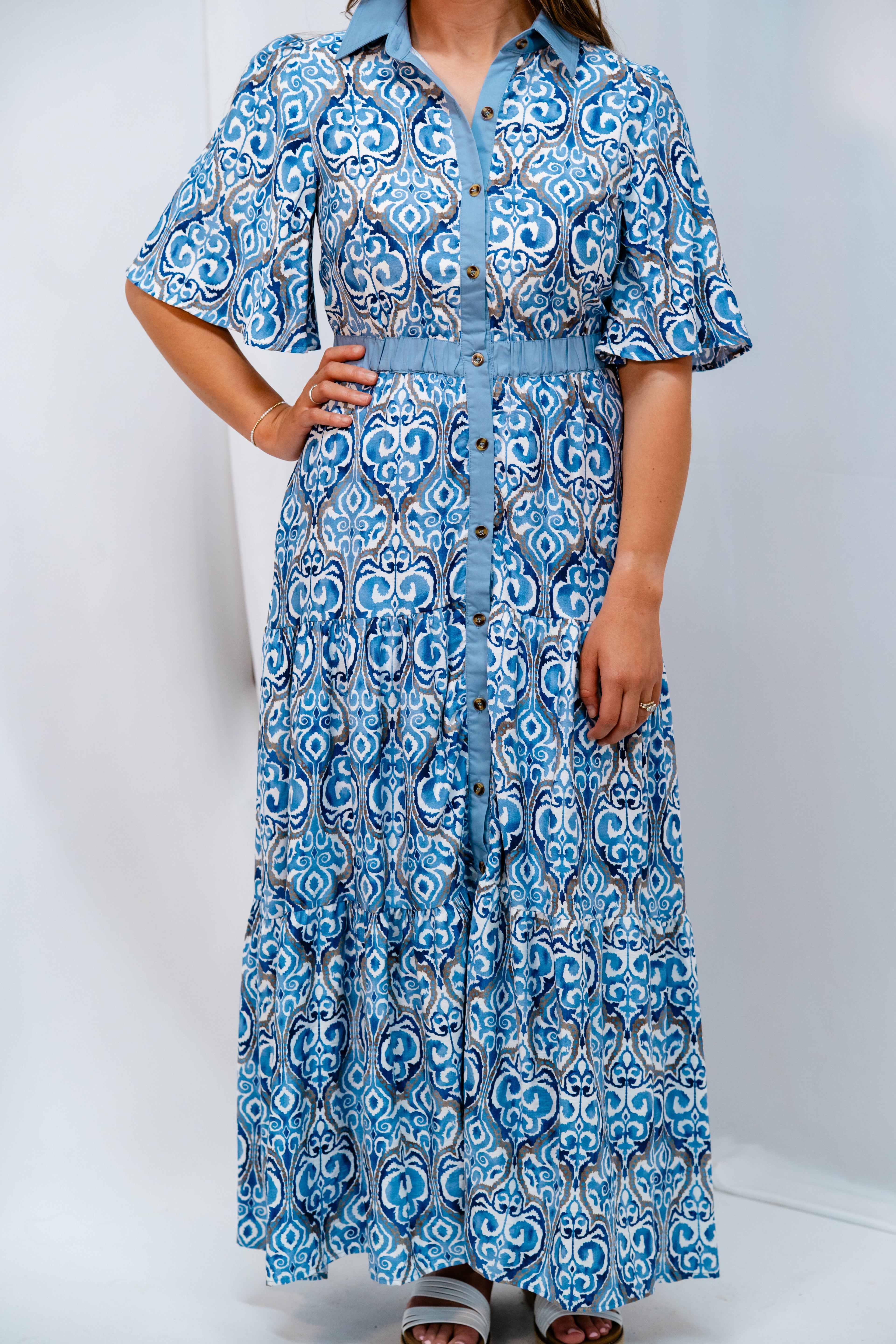 Blue Woven Bell Sleeve Maxi Dress