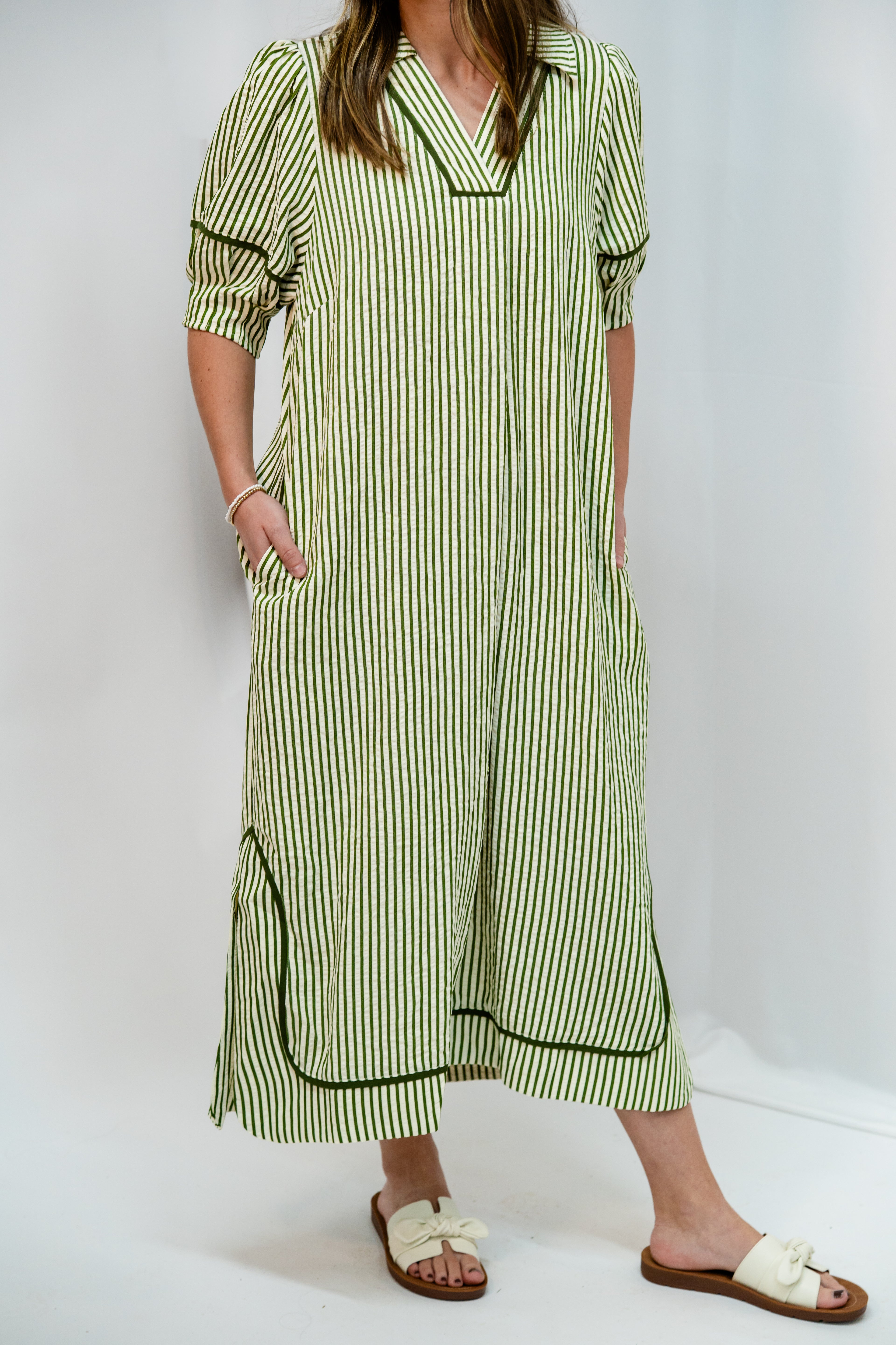 Light Olive Striped Midi Dress