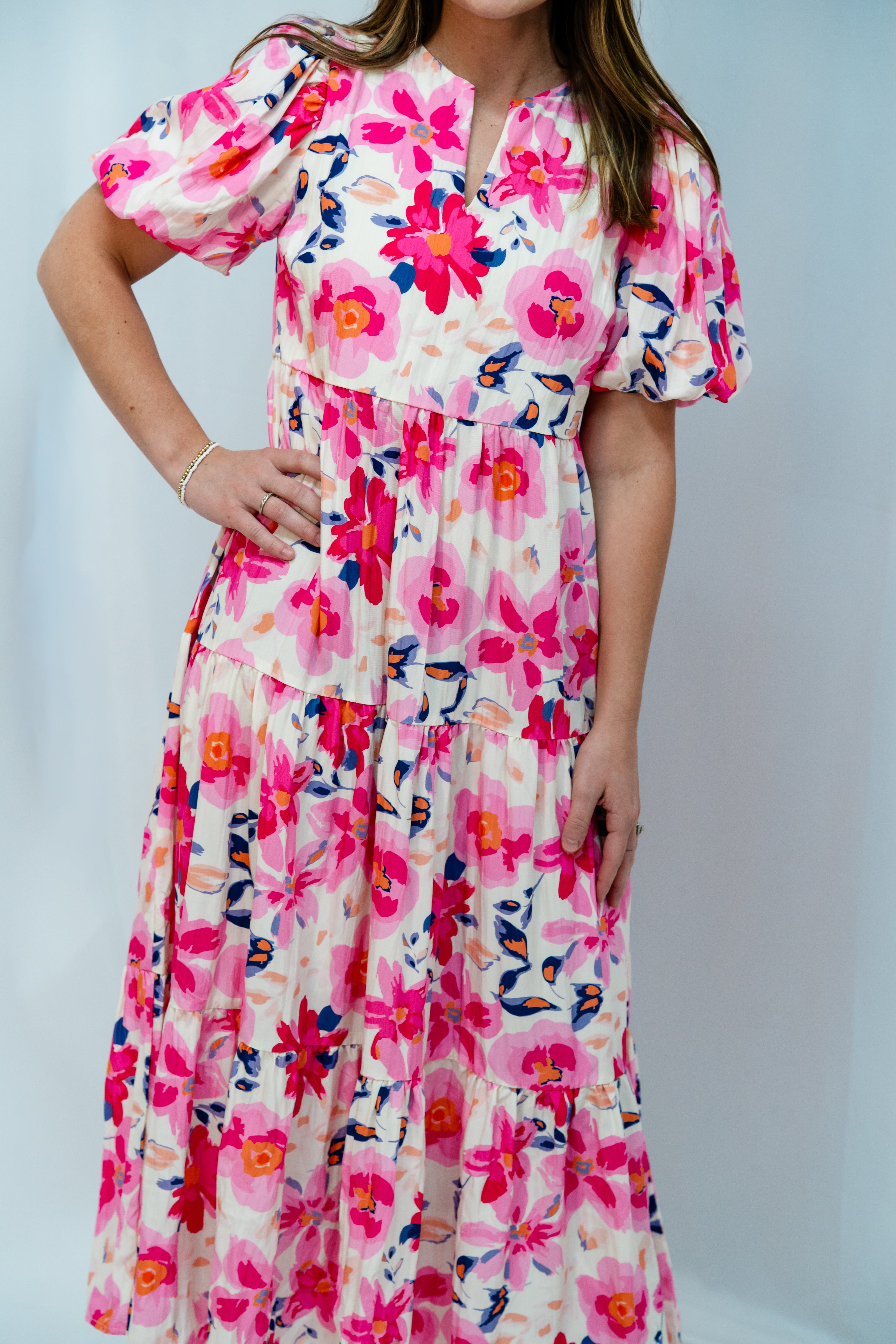 Pink Floral Pleated Midi Dress