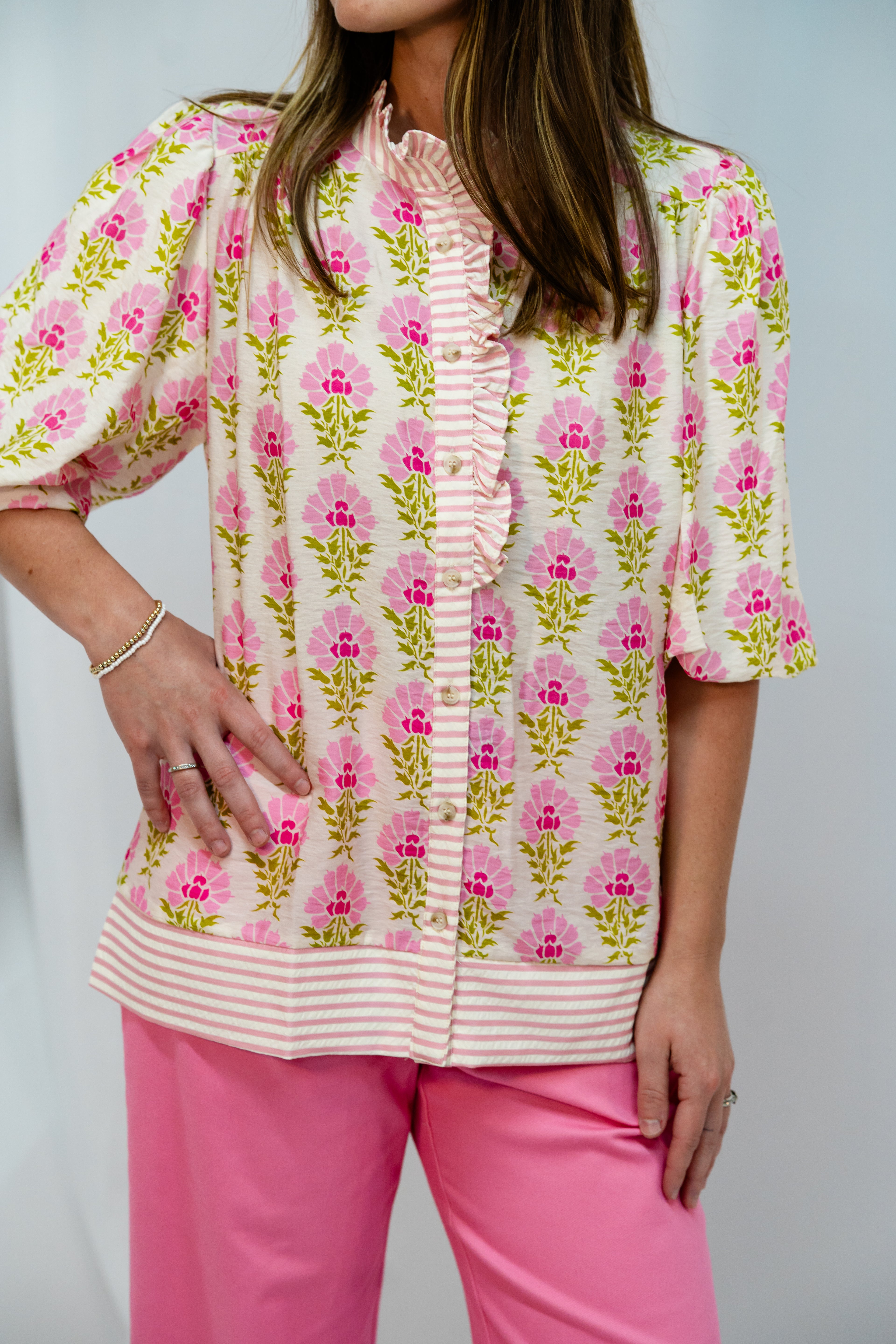 Pink Bubble Sleeve Printed Top