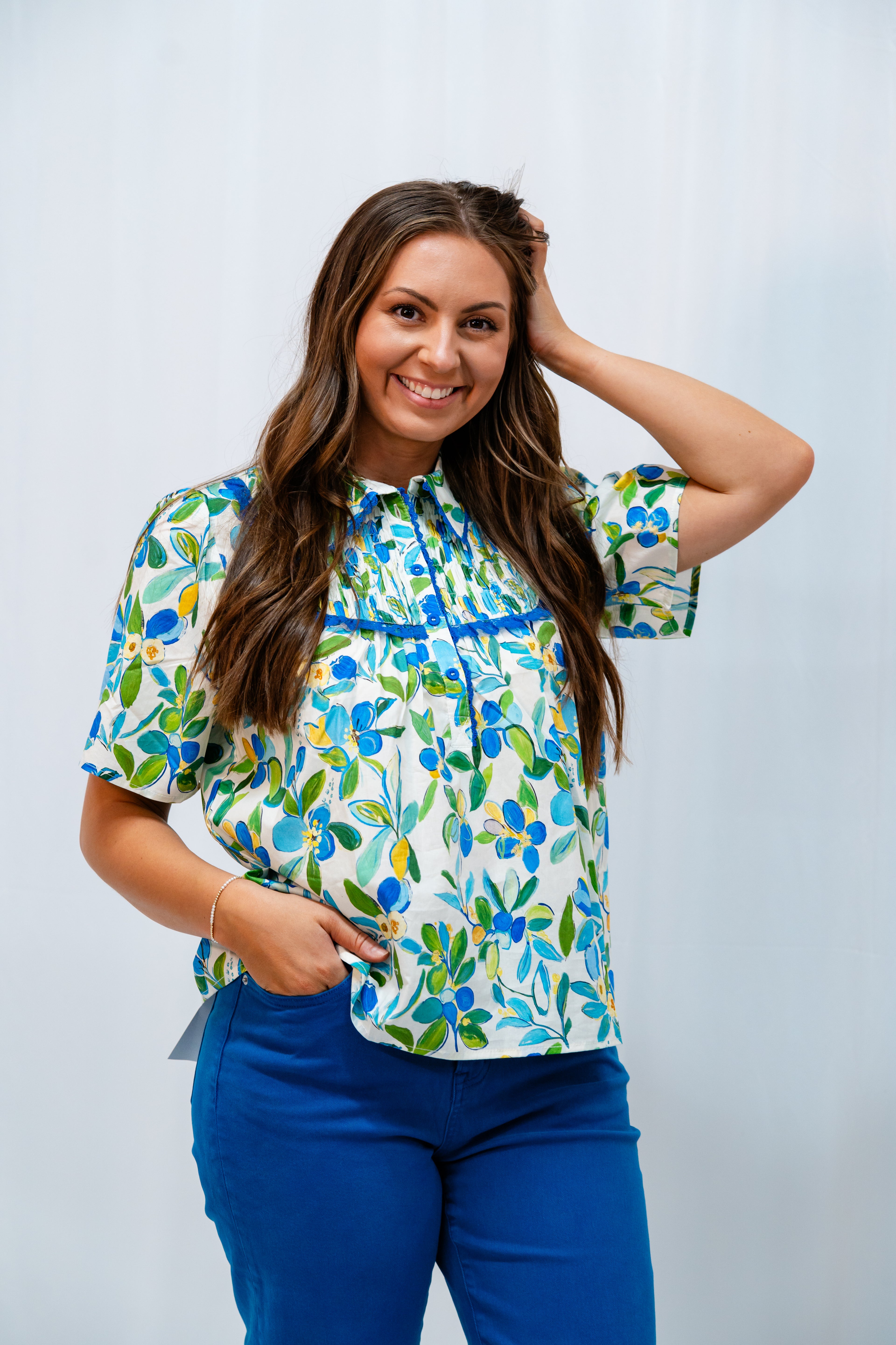 Blue Floral Half Placket Top