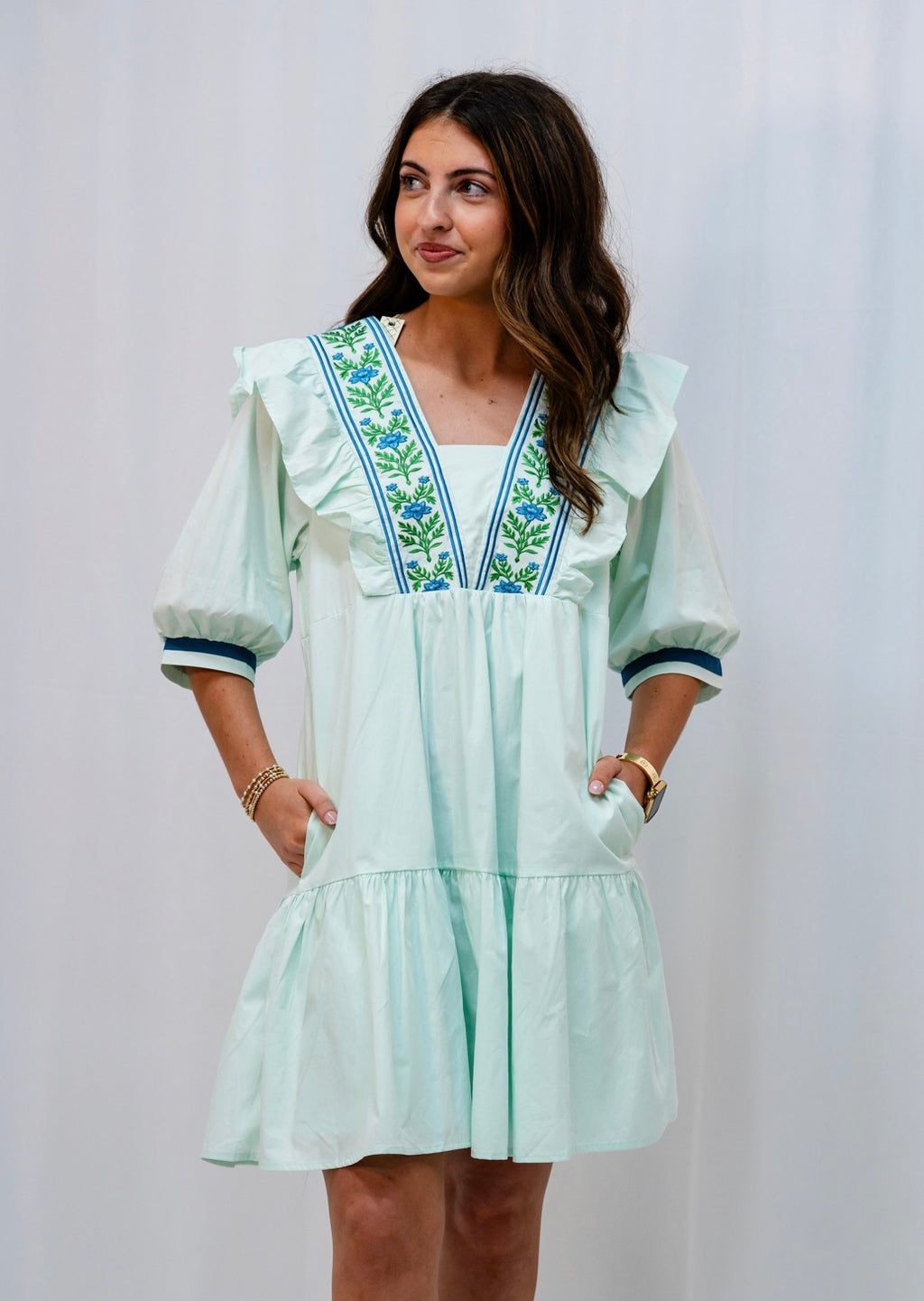 Mint Embroidered Ruffle Detail Dress
