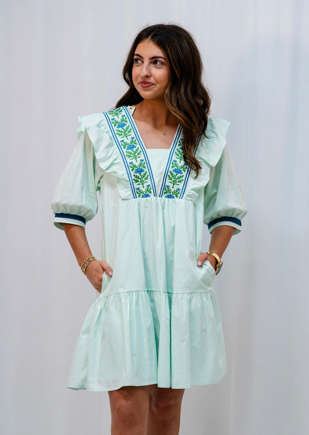 Mint Embroidered Ruffle Detail Dress