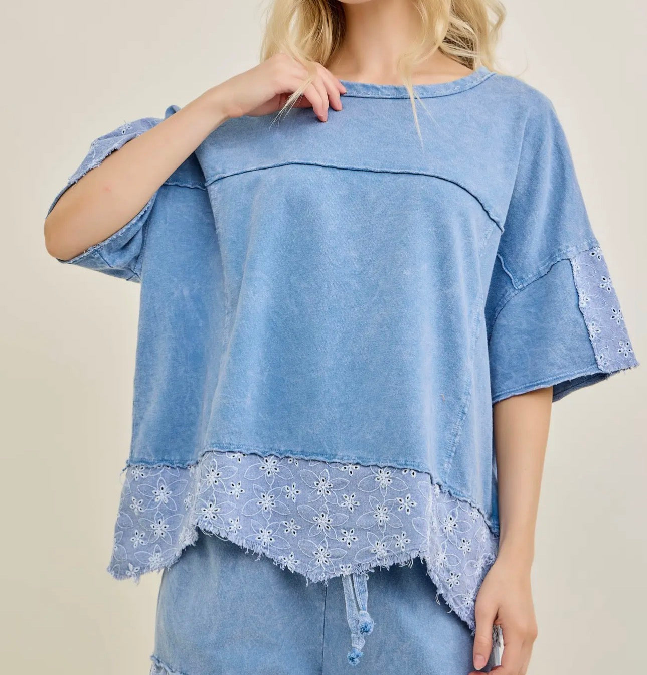 Denim Blue Eyelet Lace Top