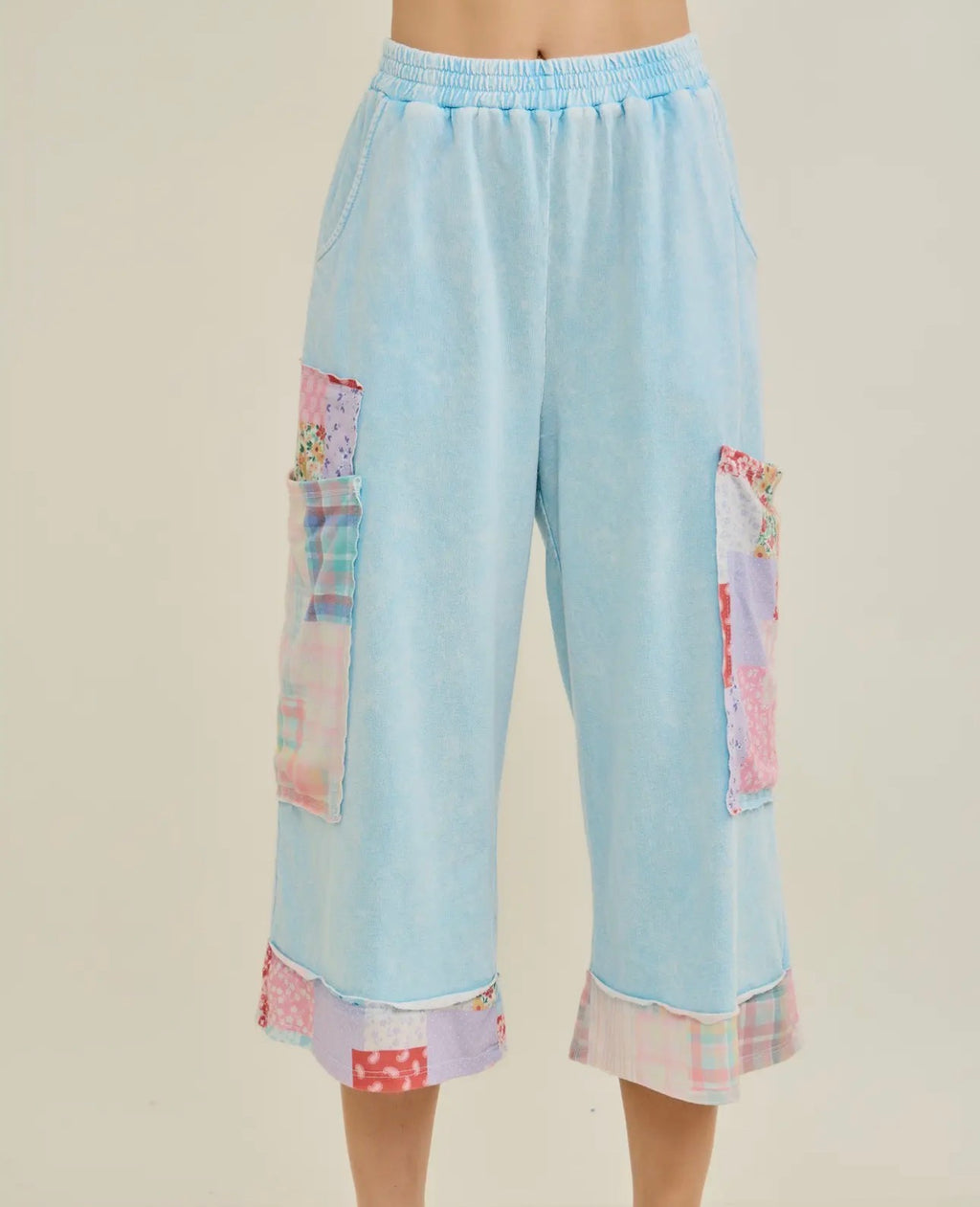 Baby Blue Patchwork Crop Pants