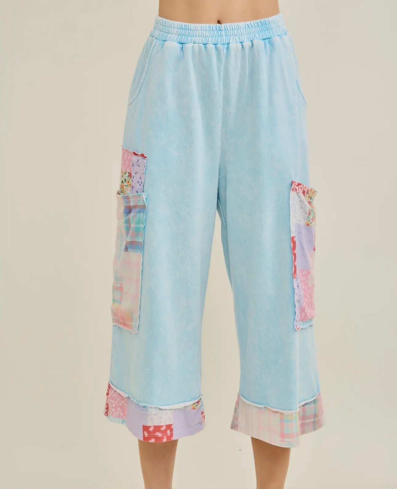 Baby Blue Patchwork Crop Pants