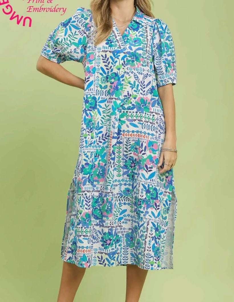 Blue Painted Meadow Midi Dress