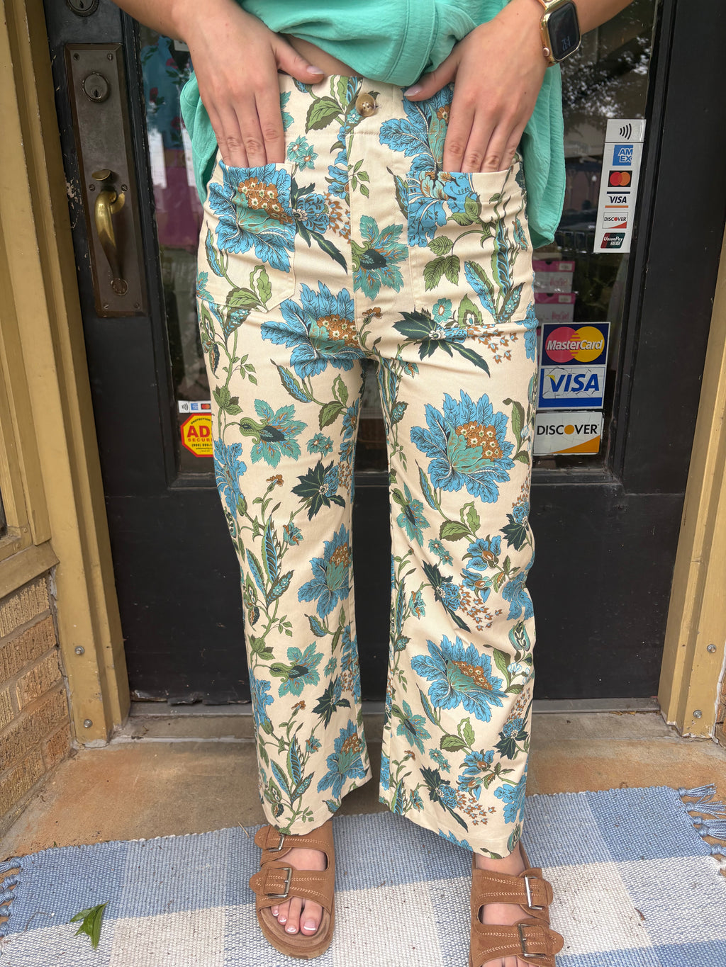 Aqua Floral Crop Pants