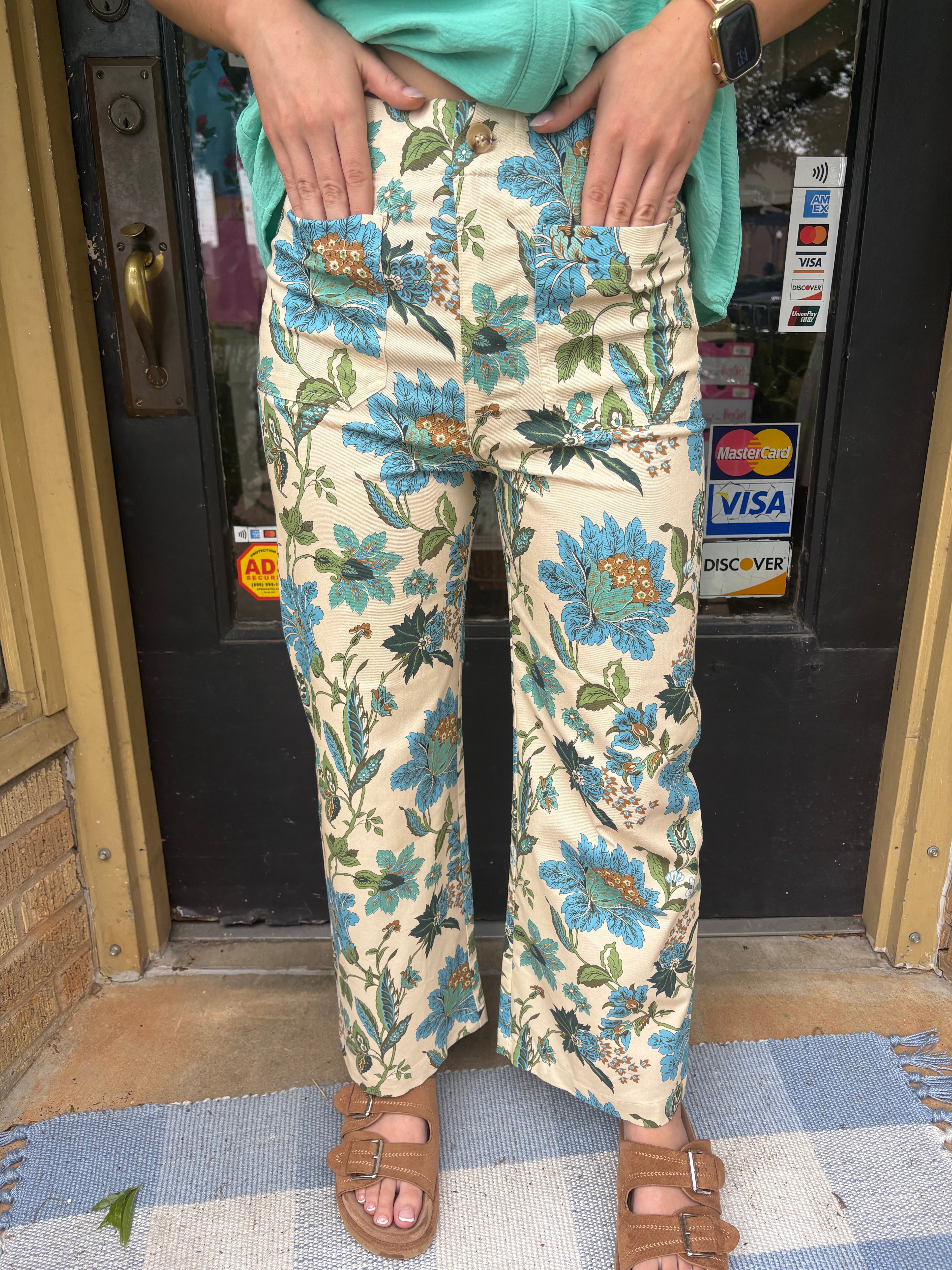 Aqua Floral Crop Pants