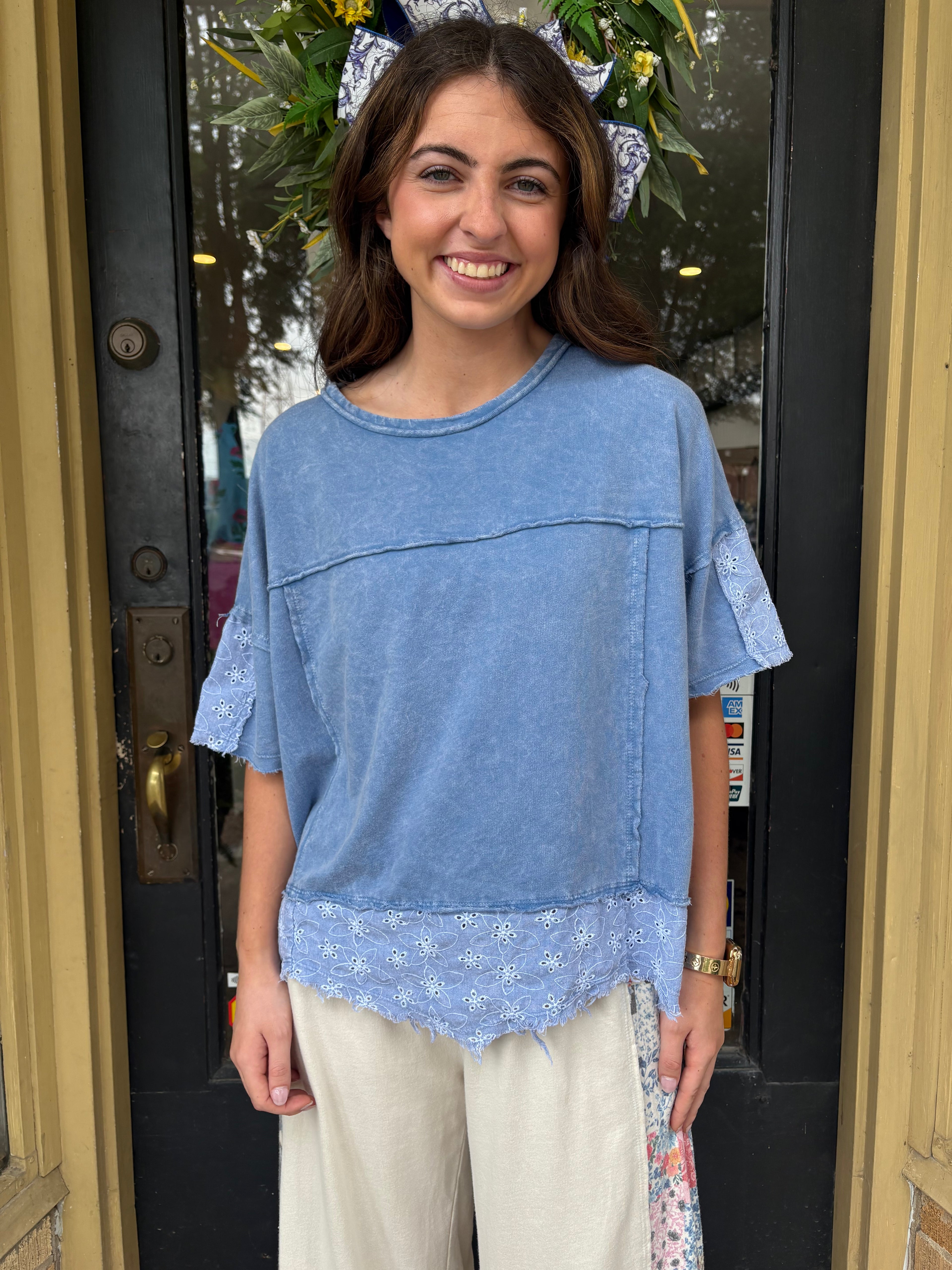 Denim Blue Eyelet Lace Top