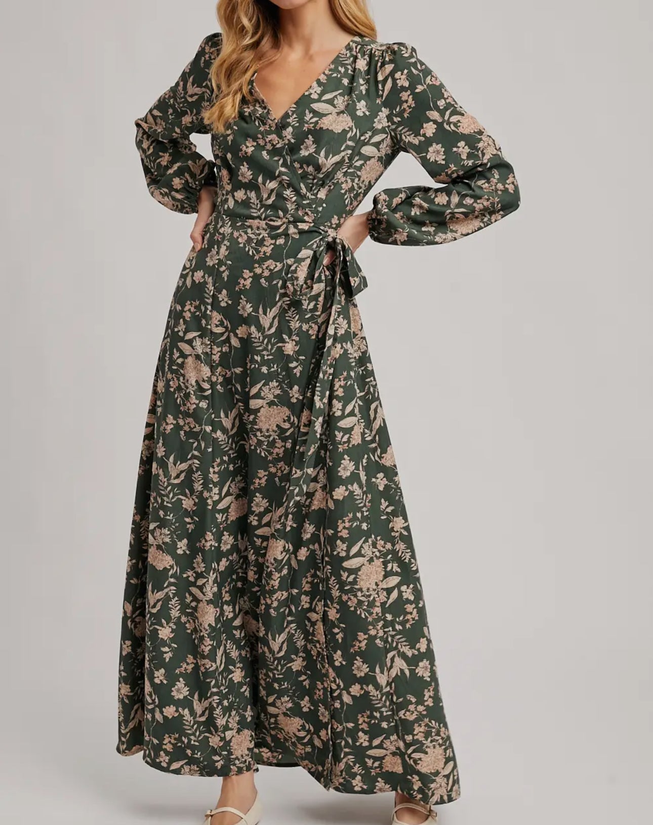 Hunter Green Floral Wrap Maxi Dress