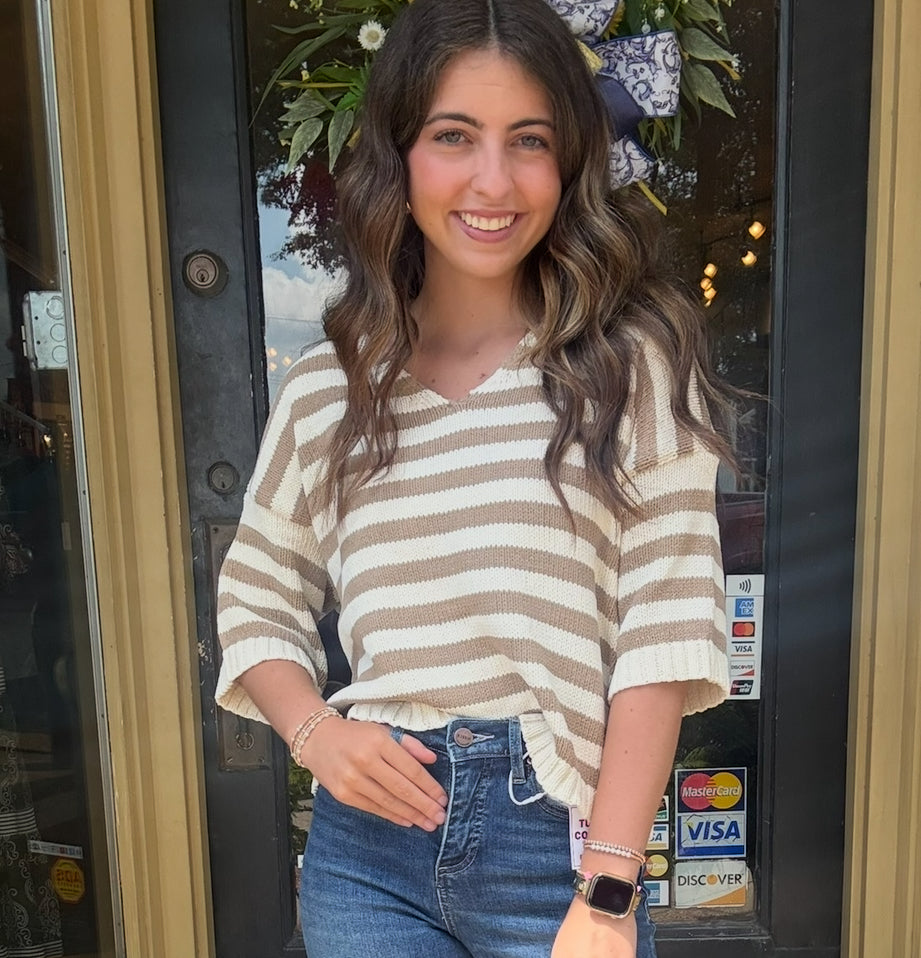Taupe Striped Knit Top