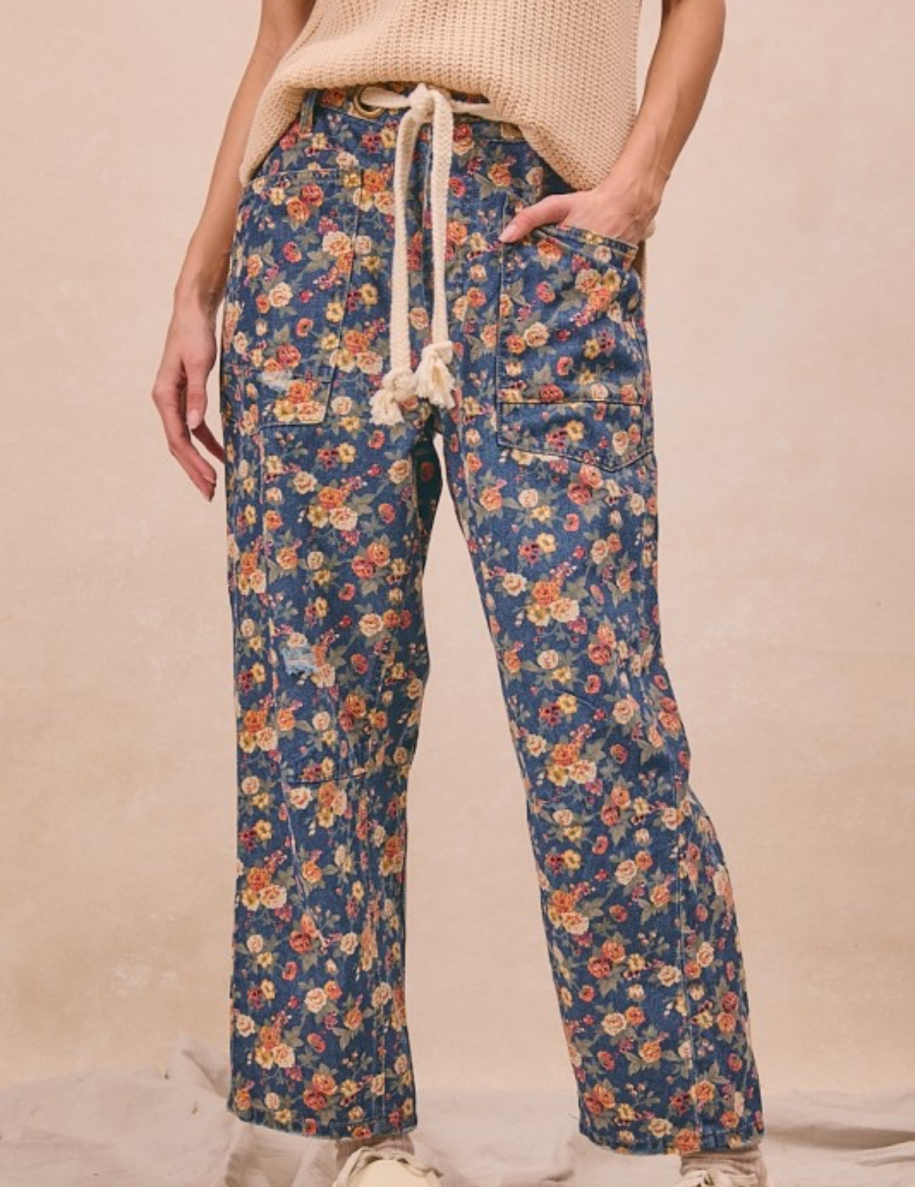 Denim Ditsy Printed Belt Pants