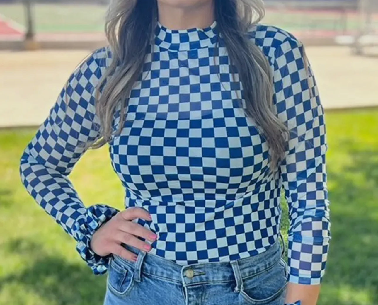 Blue + White Checkered Mesh Top