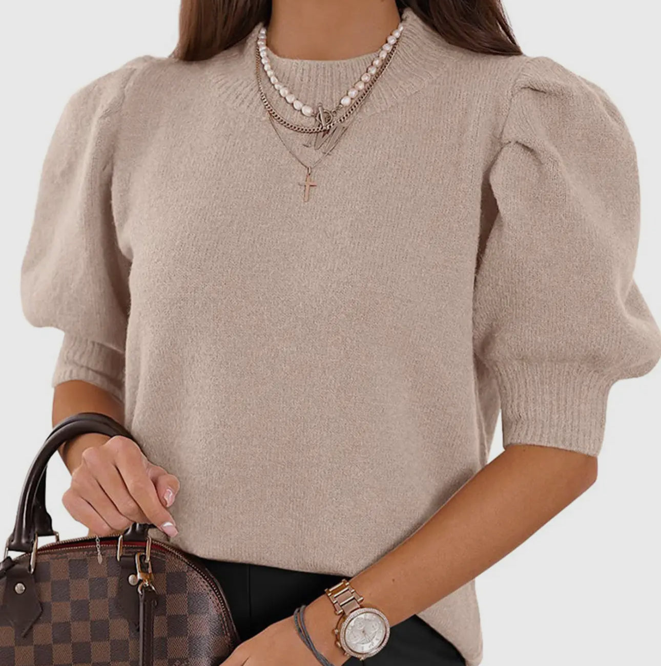 Beige Bubble Sleeve Sweater
