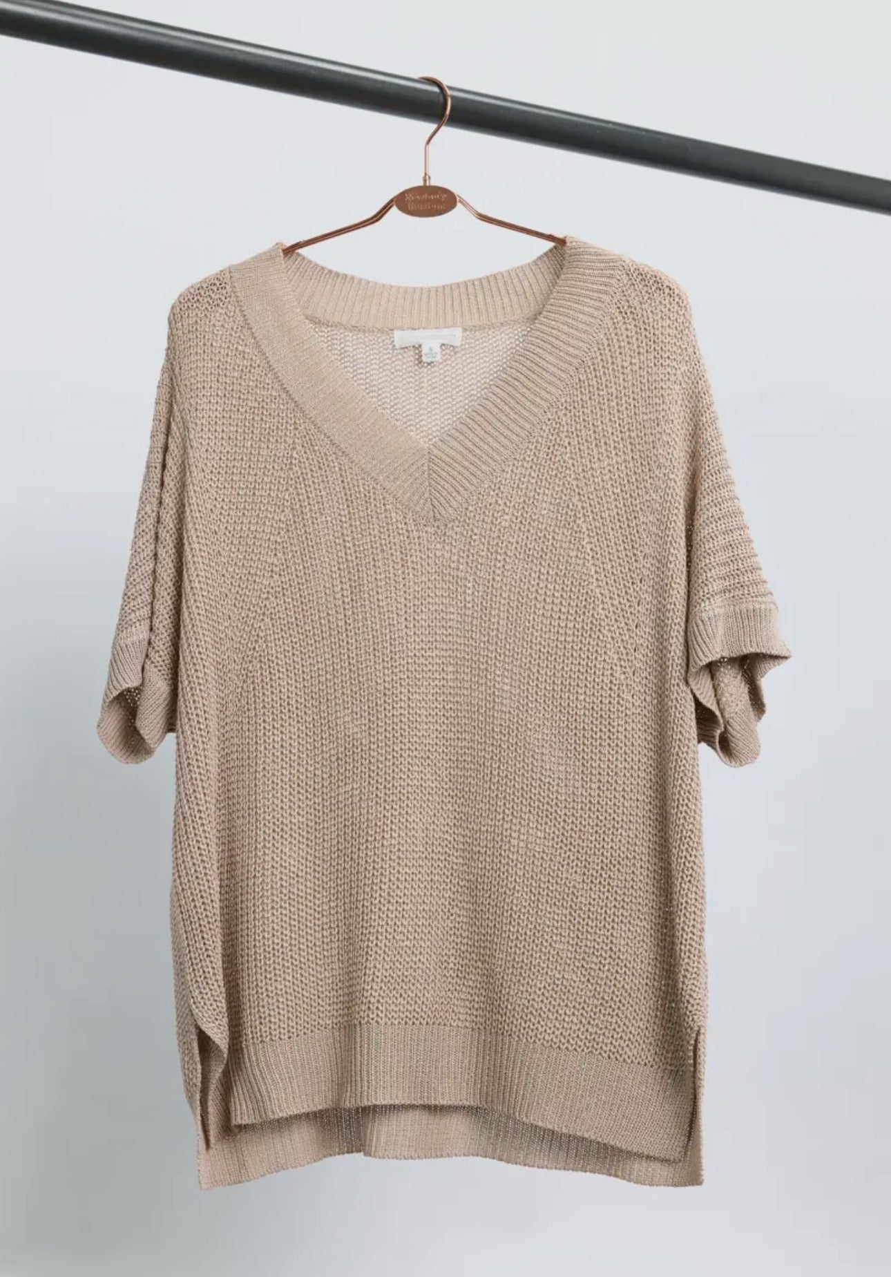 Taupe V-Neck Loose Fit Knit Top