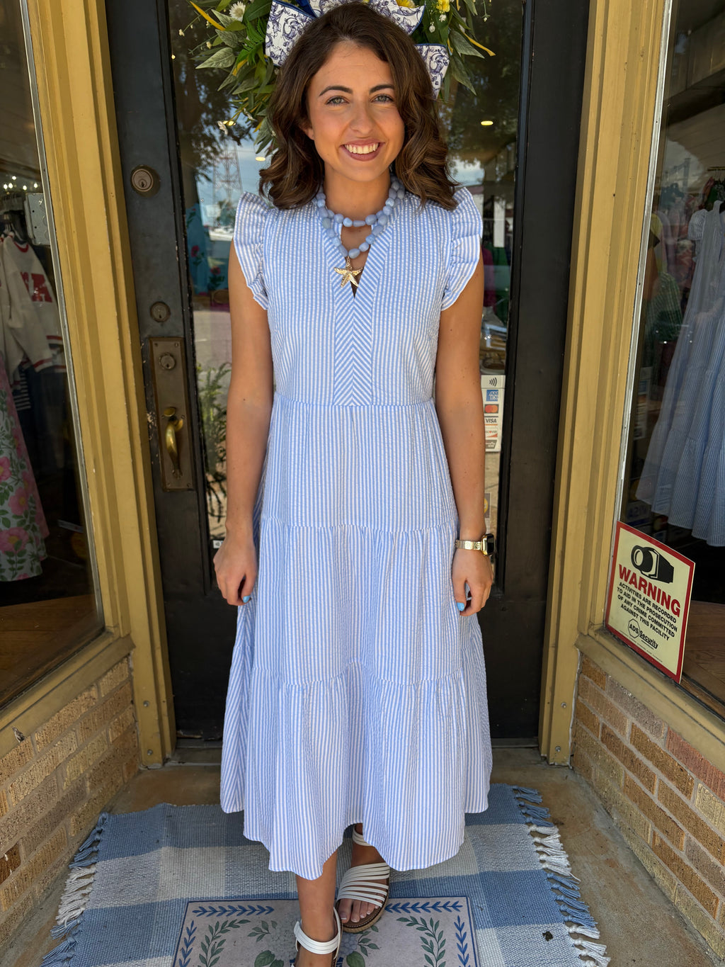 Mary Square Blue/White Stripe Seersucker Dress