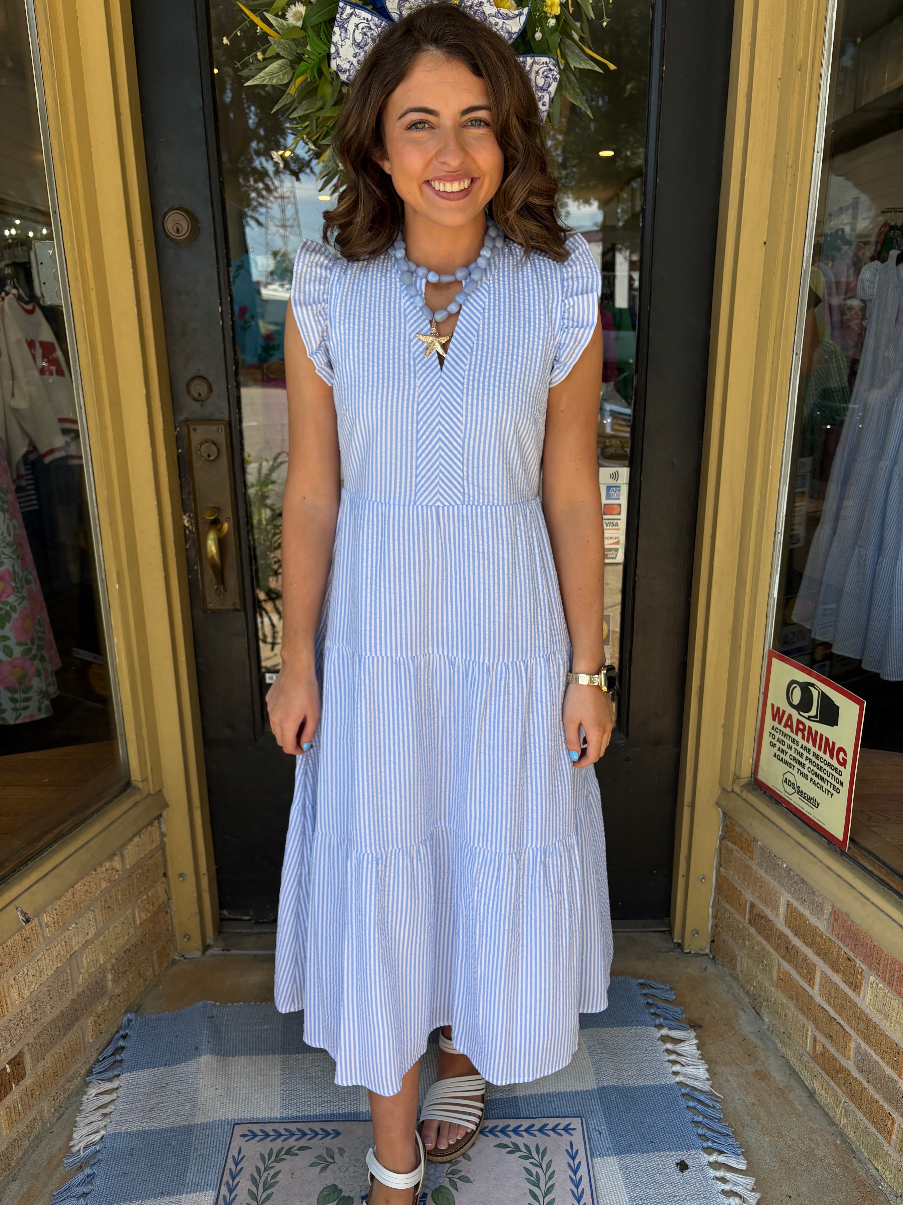 Mary Square Blue/White Stripe Seersucker Dress