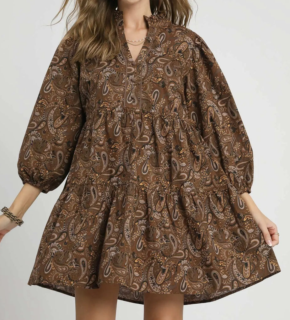 Brown Paisley Tiered Mini Dress